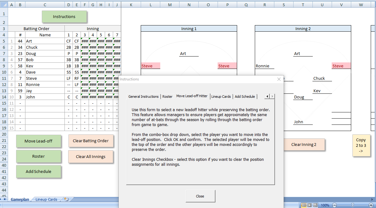 Baseball Game Planner Excel Spreadsheet picture